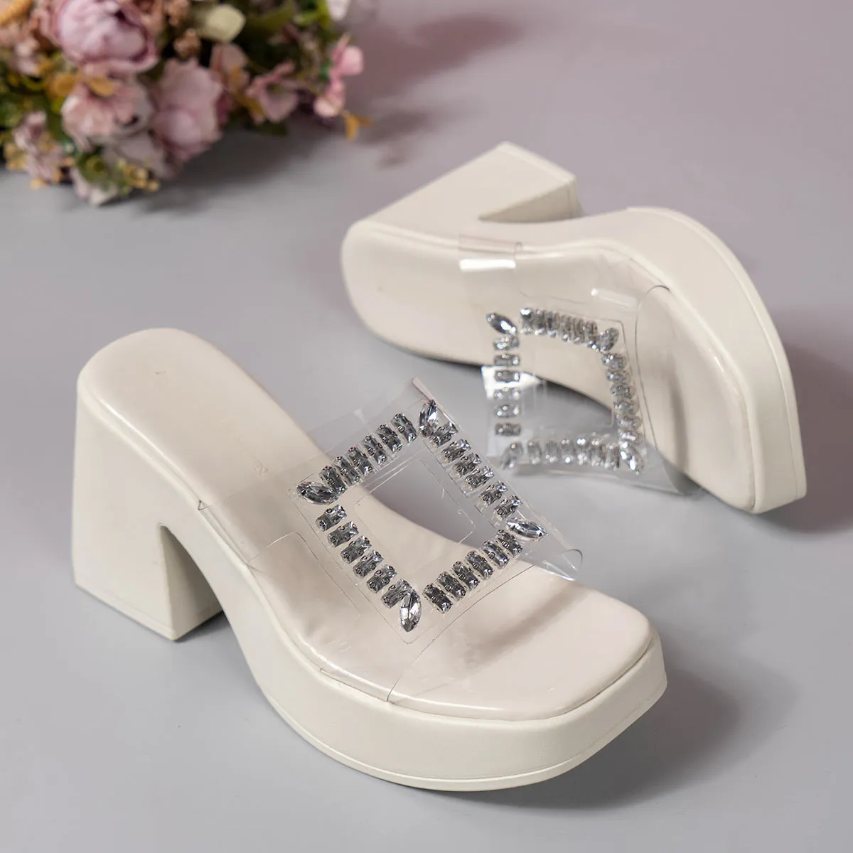DEANWANGK  Cross-Border plus Size Thick Bottom High Heel Slippers Female  New Fashion Transparent Rhinestone One-Line Platform Slippers