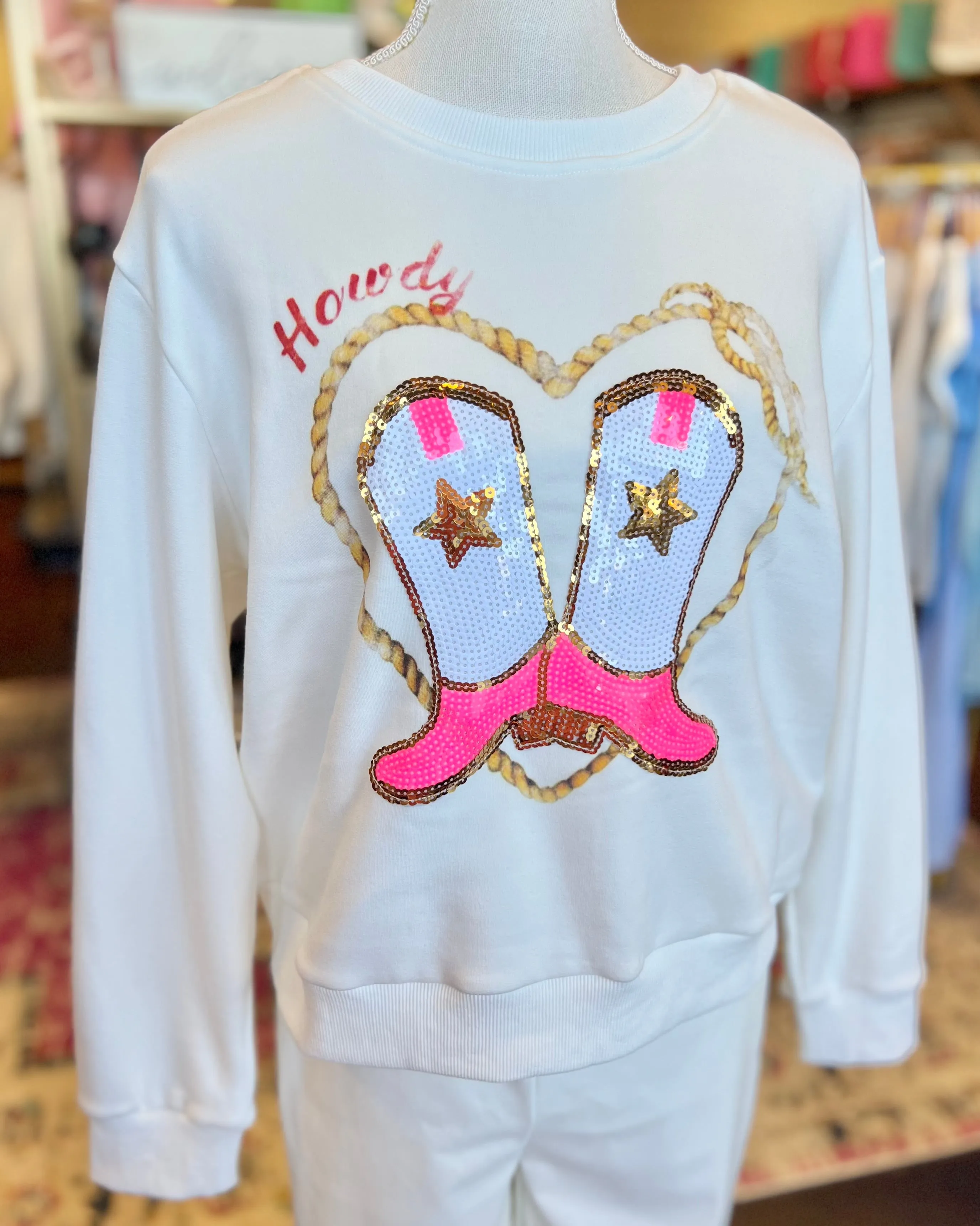 Howdy White Graphic Sequin Boot Long Sleeve Sweatshirt
