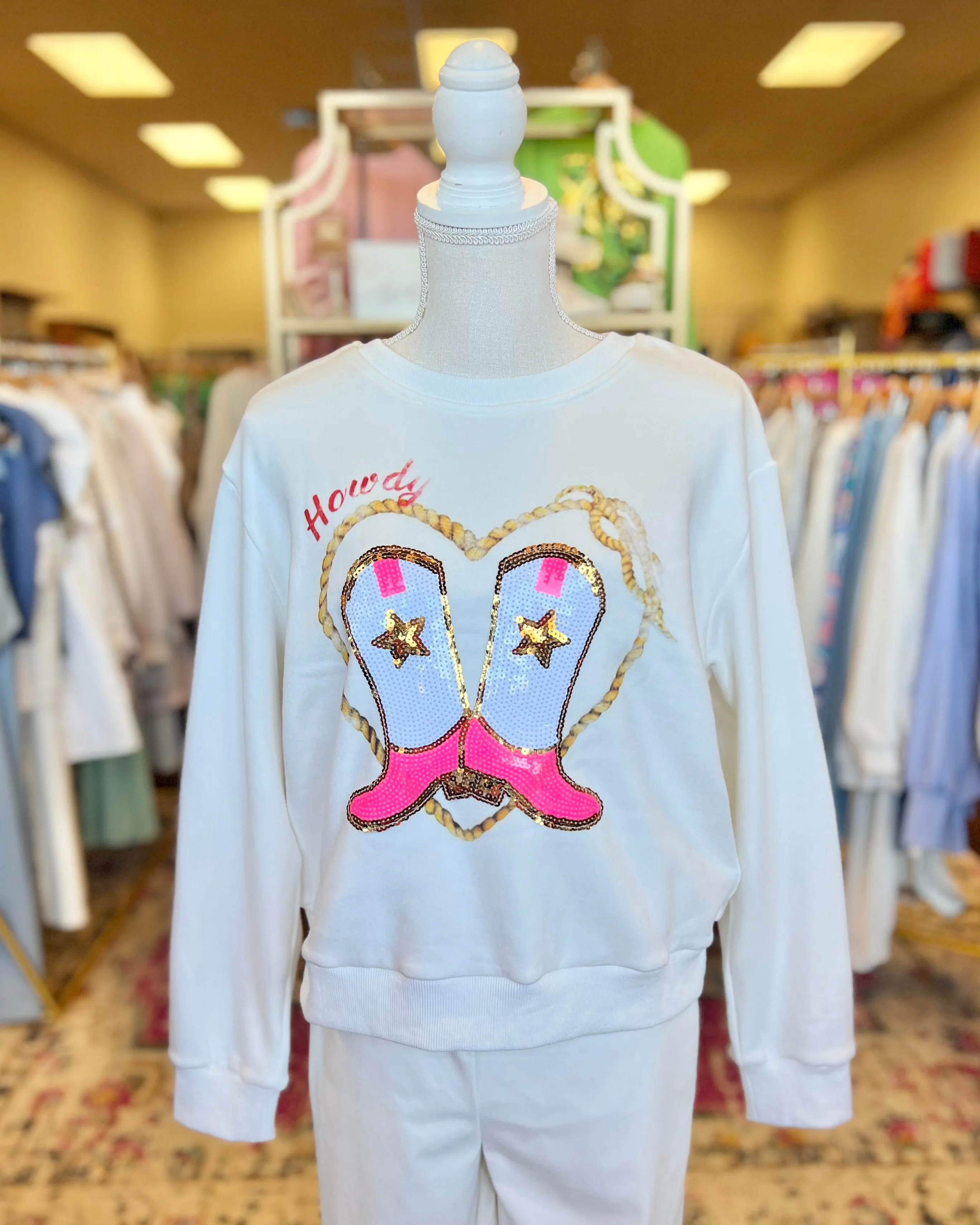Howdy White Graphic Sequin Boot Long Sleeve Sweatshirt
