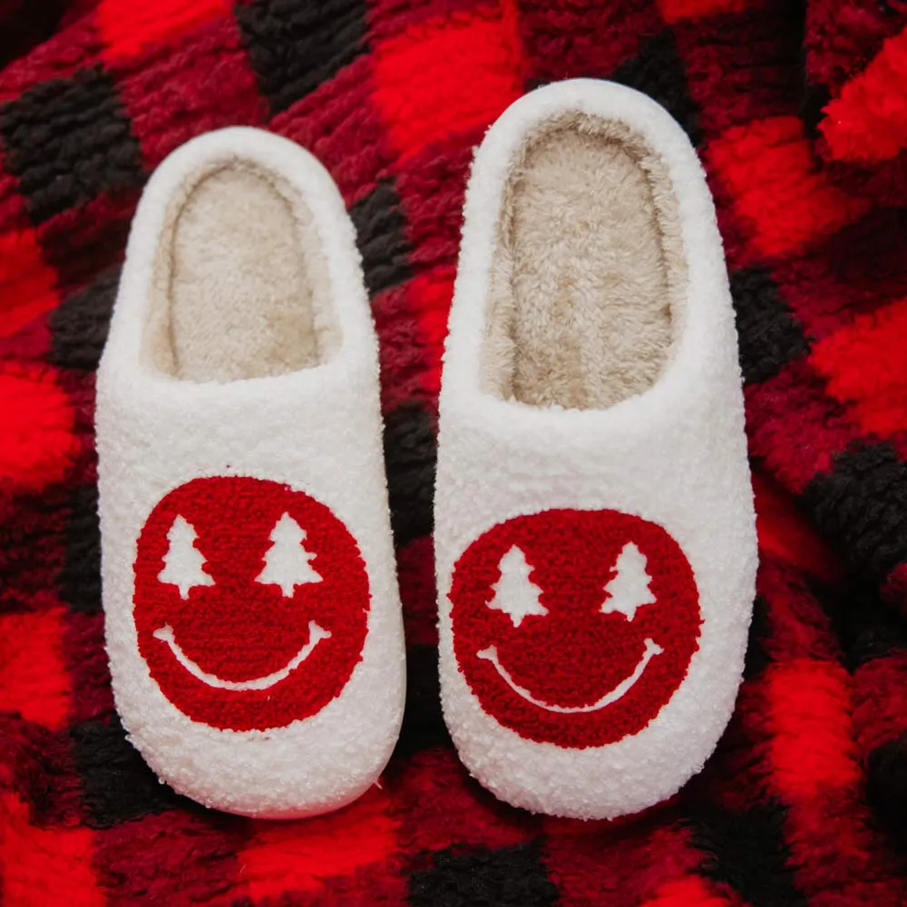 Red Christmas Tree Eyes Wholesale Fuzzy Happy Face Slippers