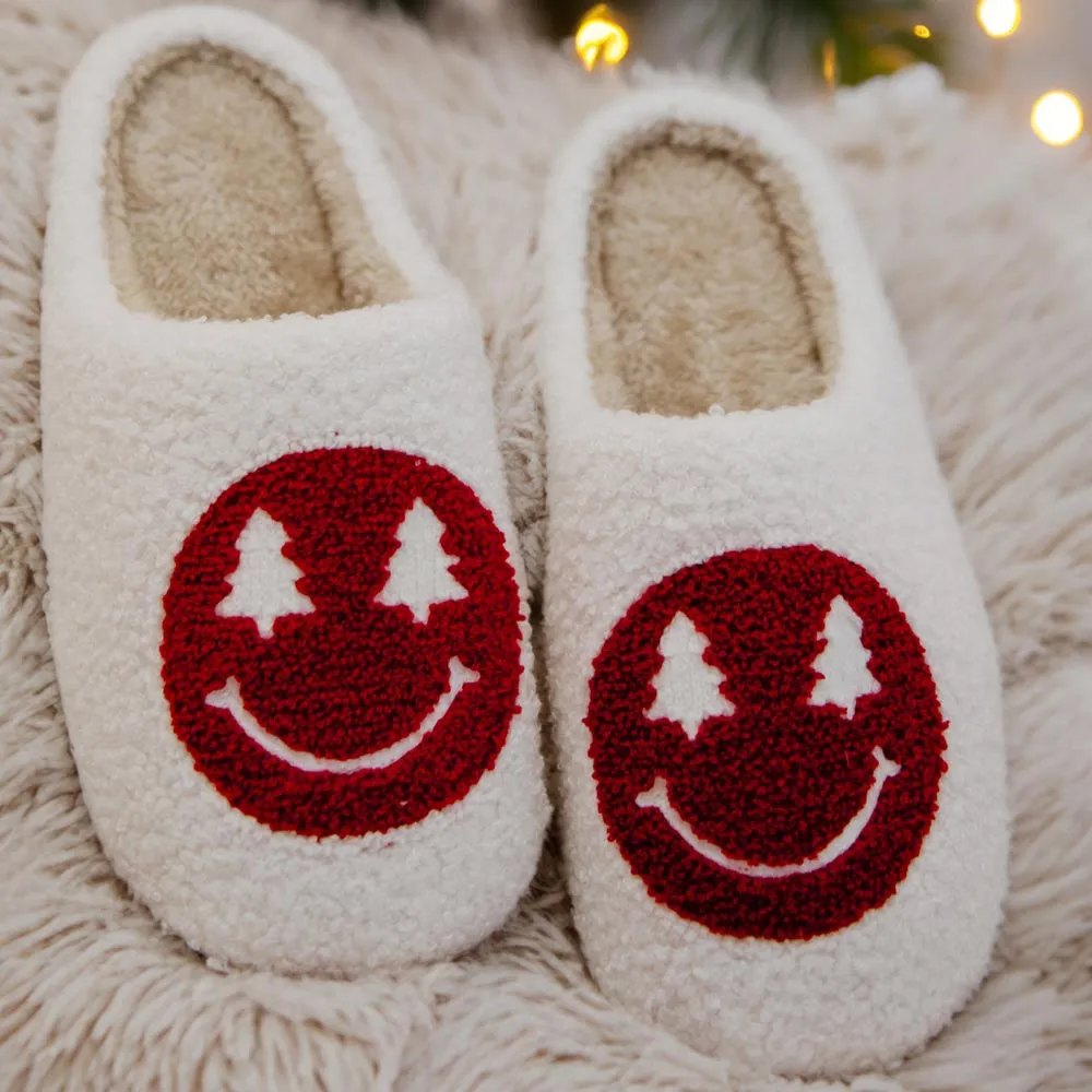 Red Christmas Tree Eyes Wholesale Fuzzy Happy Face Slippers